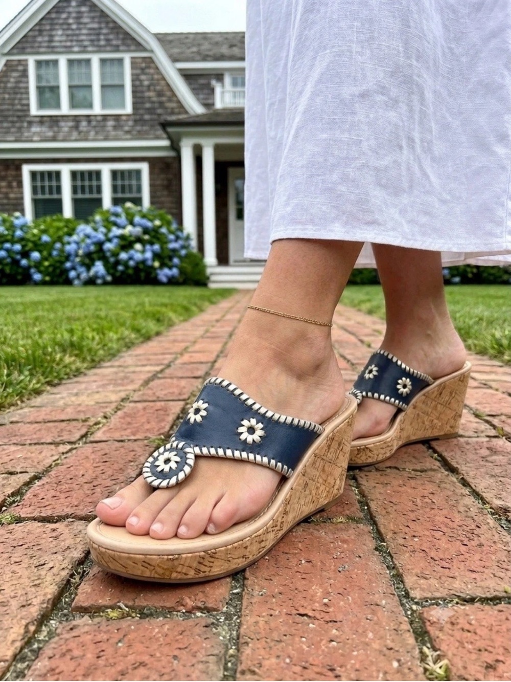 Jack Rogers Navy Blue & silver leather Wedge cork thing slip on hampton Sandals